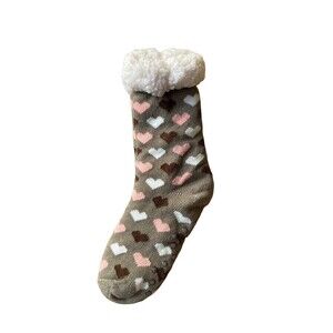 Warm Fuzzy Cozy Socks Thermal Fleece-lined Knitted Non-skid Crew Brown w Hearts